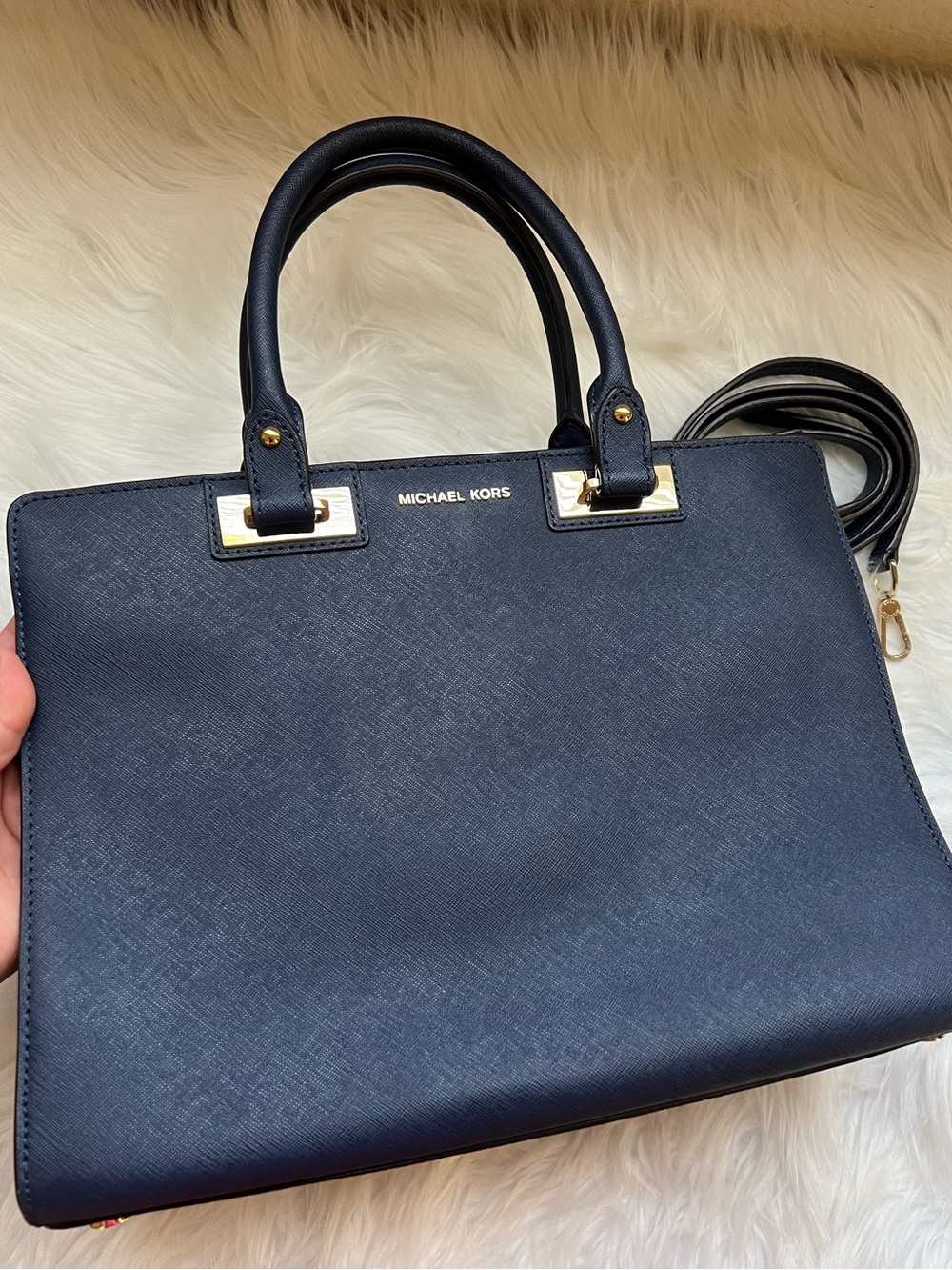 Michael Kors Navy Saffiano Satchel with Gold Hardware